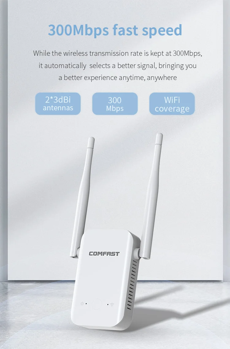 COMFAST 300Mbps WIFI Wireless extender 2.4G with 2*3dBi antennas Repeater Router Amplifie expansion 80㎡ signal booster For Home