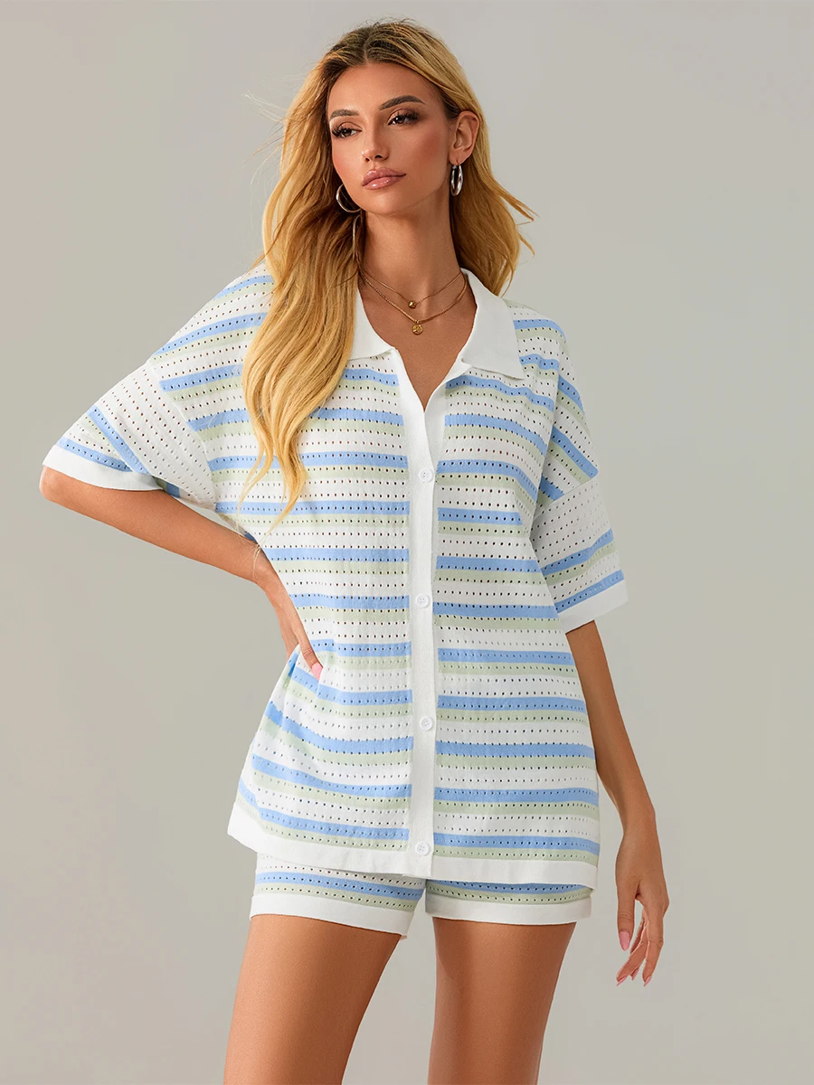 Women 2 Pieces Loungewear Suits Stripe Contrast Color Short Sleeve Button Crochet Knit Tops and Loose Shorts Sets Streetwear