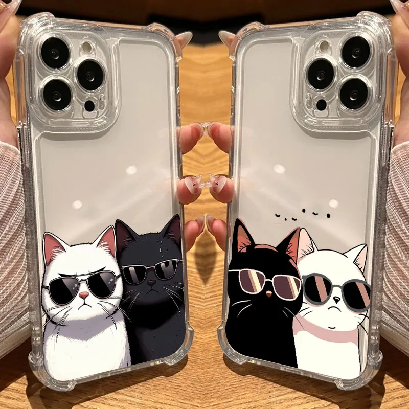 

Glasses Wearing Black White Cat Cartoon Phone Case Clear For iPhone 17 16 14 15 11 12 13 Pro Max 16E 15 16 Plus 17Air Soft Cover