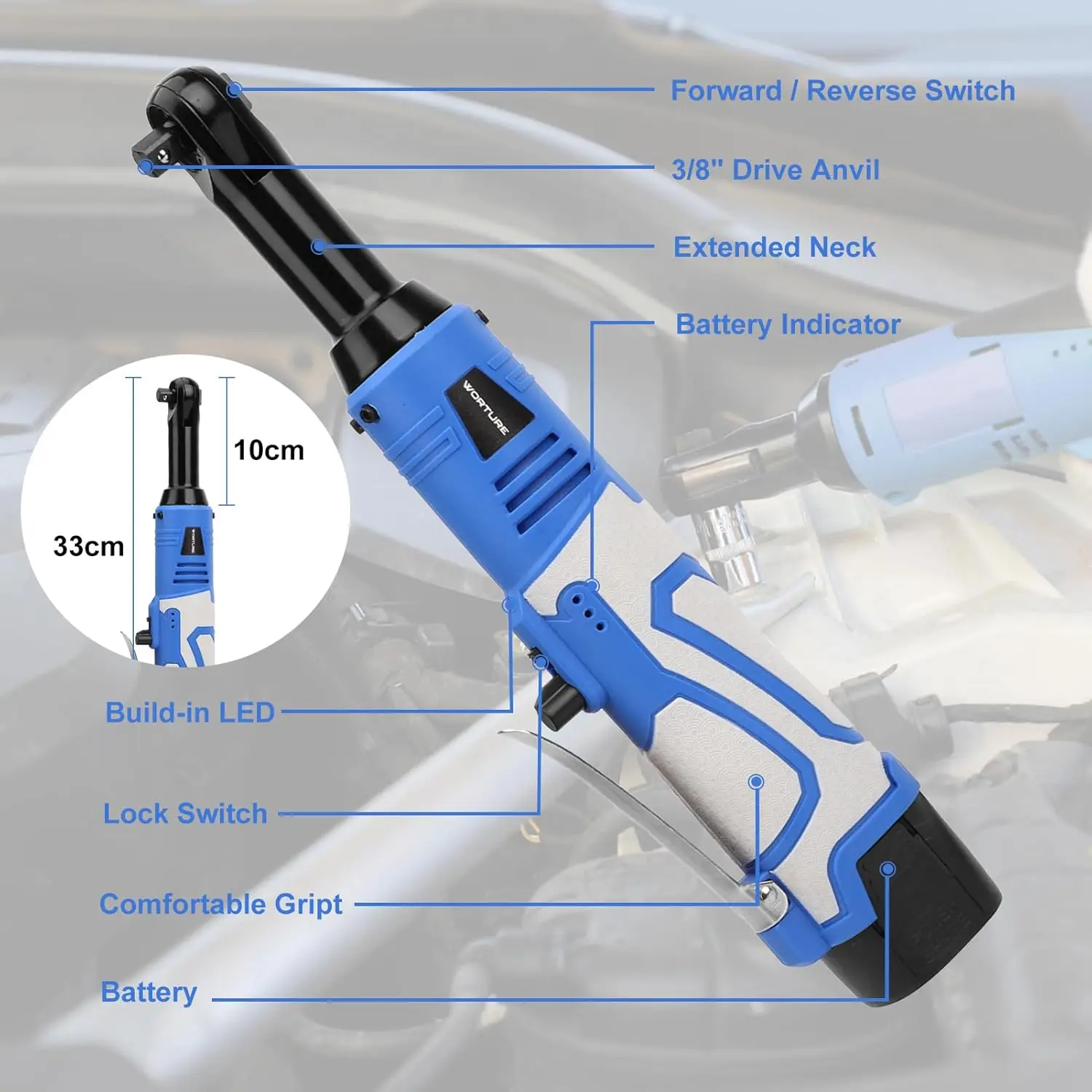 Extended Cordless Power Ratchet, 40n.M 12v Power Ratchet Tool Kit With 2 Packs 2.0 Ah Batteries, Fast Charger, Sockets