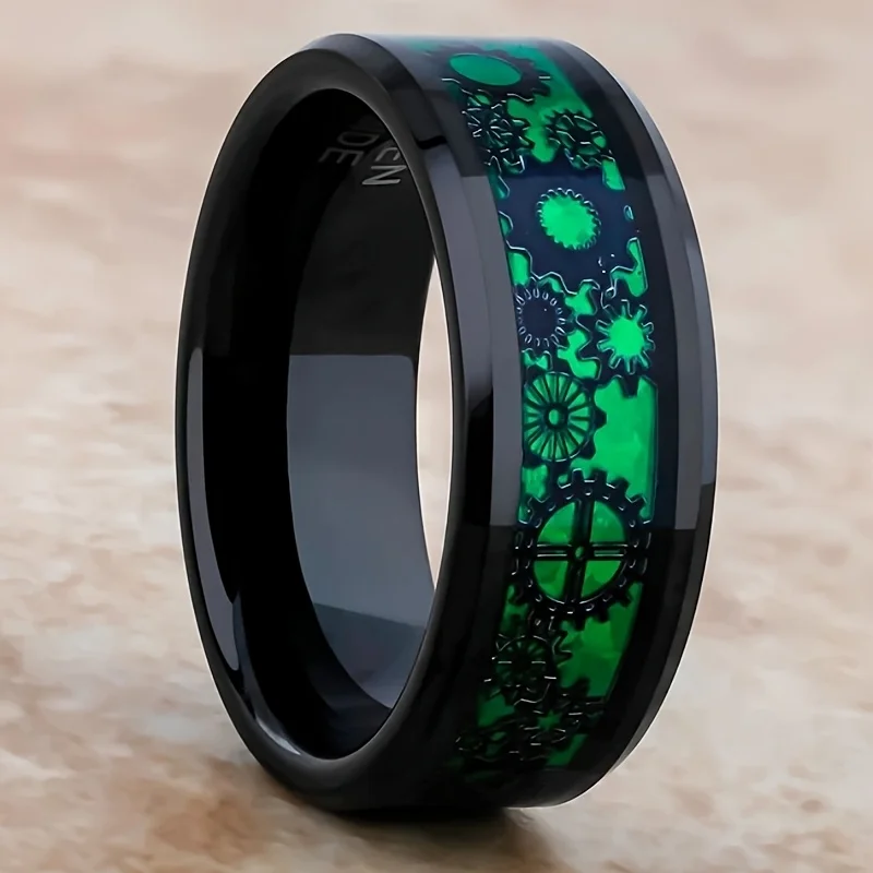 

Black 8mm Stainless Steel Ring Men and Women Couple Wedding Ring Steampunk Inlaid Green Gear Comfortable Fit