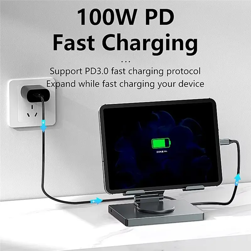 Classic-HDMI-Compatible 8-In-1 USB C Hub 360° Rotating Tablet Stand 4K 60Hz PD100W USB 3.0 SD TF Audio Docking Station