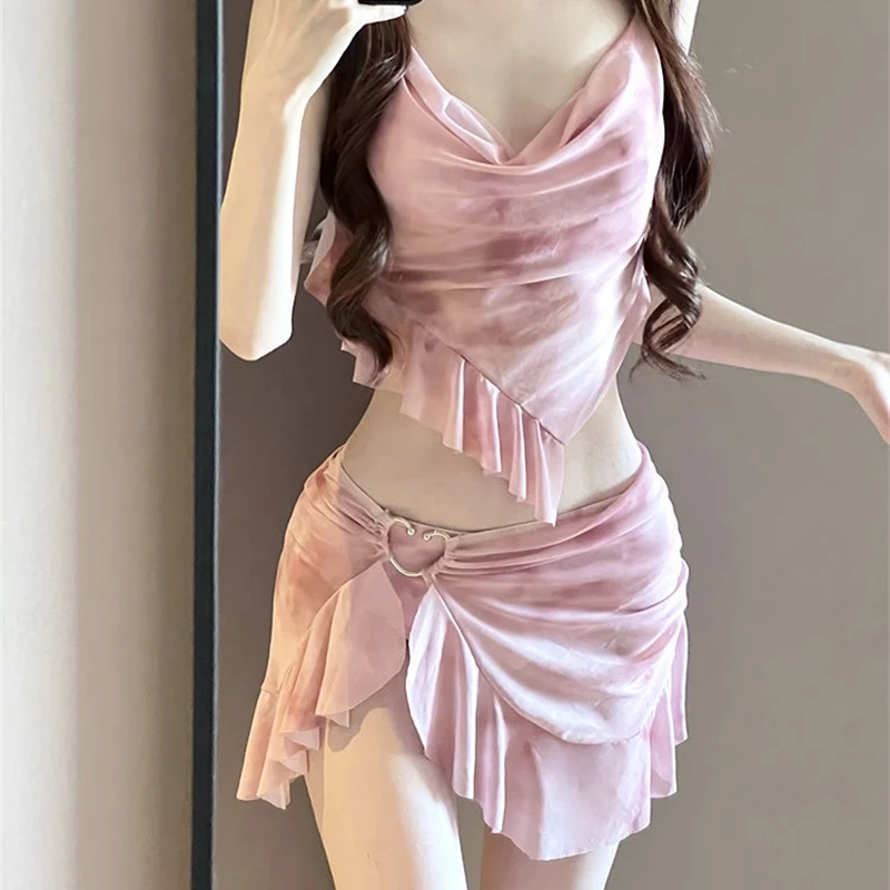 New Korean Style Bikini Set Women Pink Gradient Ruffles Push Up Mesh Skirt 3 Piece Swimsuit Summer Bathing Suit Holiday Swimwear