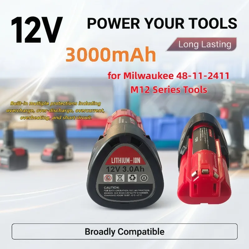 High capacity lithium cell block for MIL-12A-LI 48-11-2411, 12 Volt 3000mAh applicable to Milwaukee wireless tools