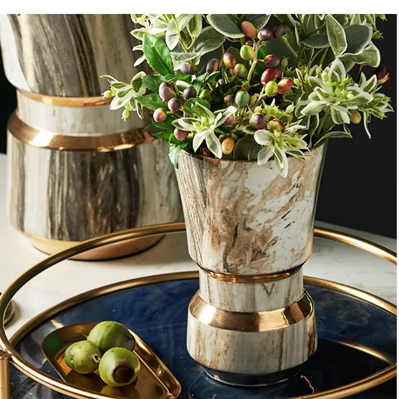 Modern Light Luxury Marble Ceramic Vase Simple Golden Stroke Living Room Dried Flower Arrangement Nordic Decoration Home