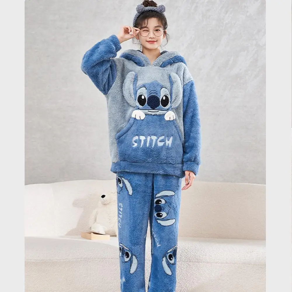 

Cartoon Stitch Winter Coral Fleece Men Women's Pajamas Set Disney Long Sleeved Hooded Flannel Thick Couple Warm Homeclothes Suit