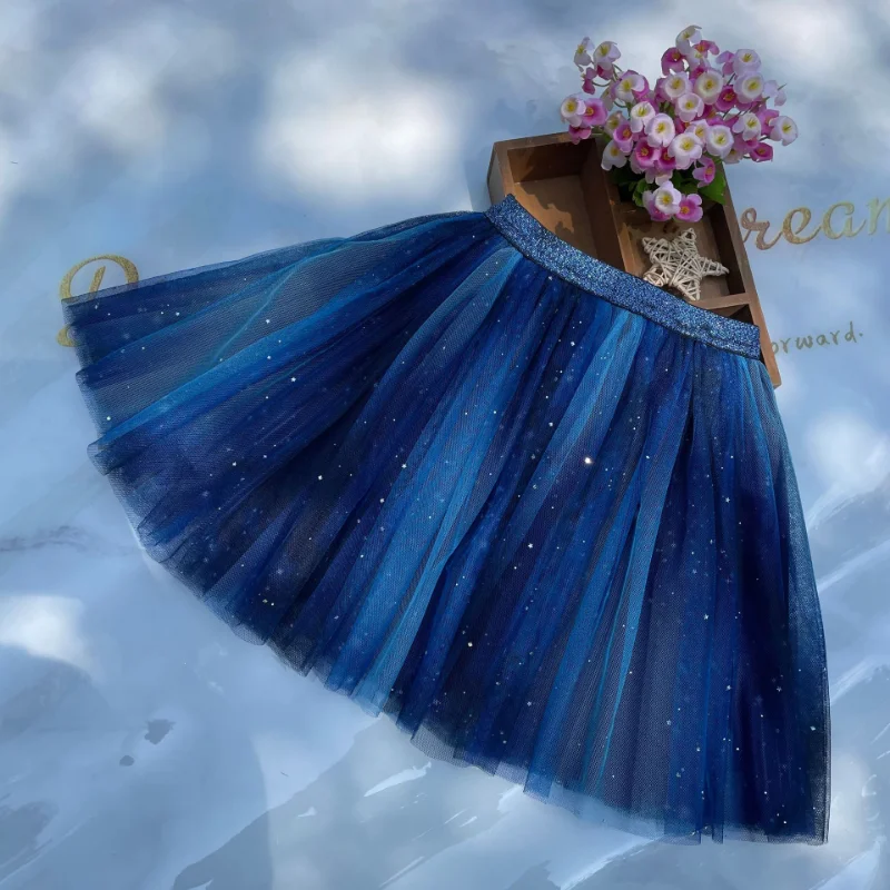 2026 Spring Summer New All-match Girls Skirt Children's Mesh Tutu Skirts Princess Girl Blue Fantasy Starlight Short Skirt