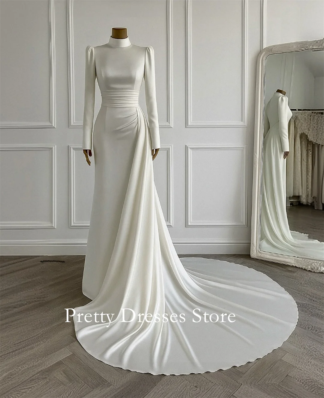 High Neck 2025 Style Garden Customized Ivory Sweep Train Wedding Dresses Mermaid Long Sleeves Vintage Bride Growns Party Women