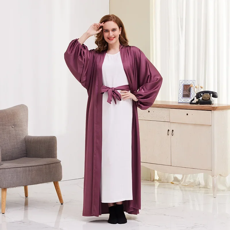 Eid Muslim Solid Color Lace Up Cardigan Robes Ramadan Islamic Long Sleeve Loose Abaya for Woman Leisure Comfortable Dress Kimono