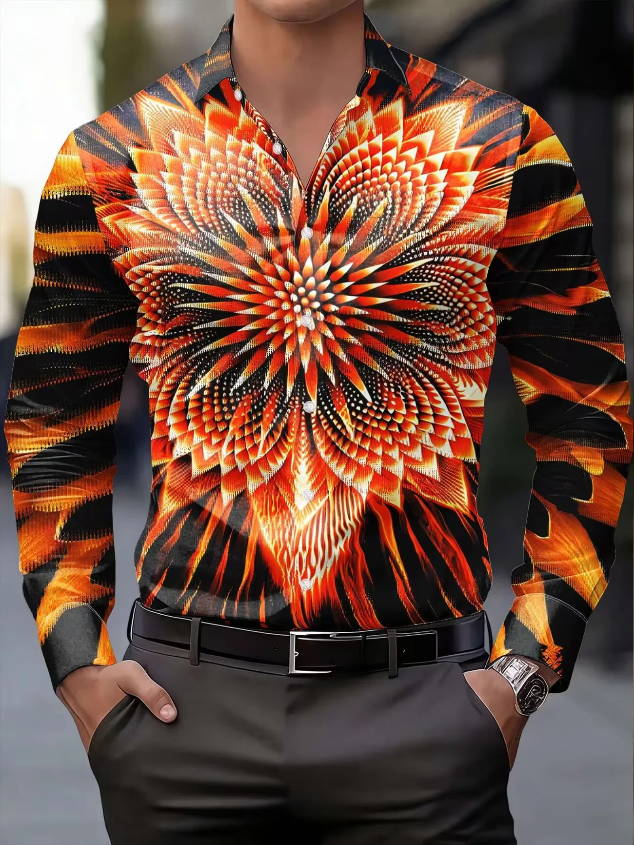 New black and white gradient snow mountain forest printed men's long sleeved shirt with artistic and casual style