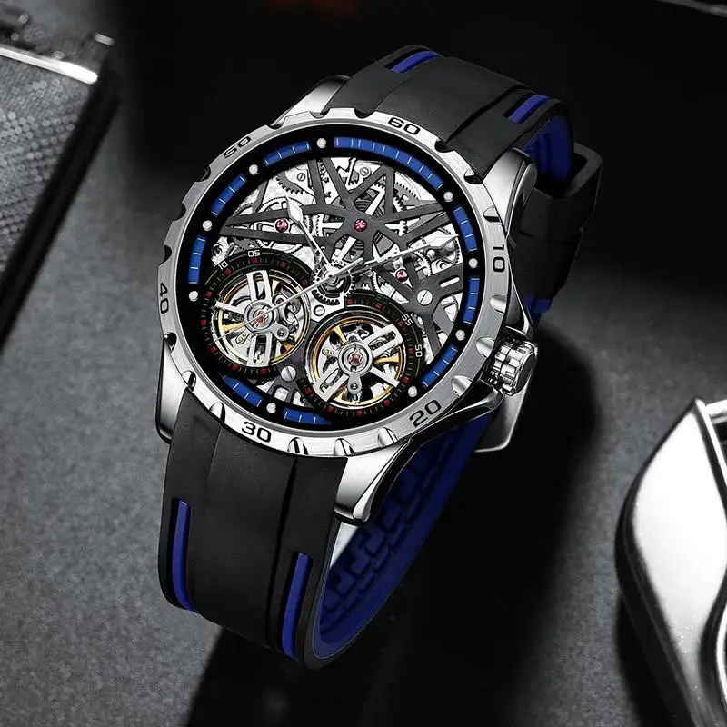 Sports Automatic Mechanical Watches Mens Luxury Brands Mark Fairwhale Steel Clock Double Tourbillon Skeleton WristWatch Man Gift