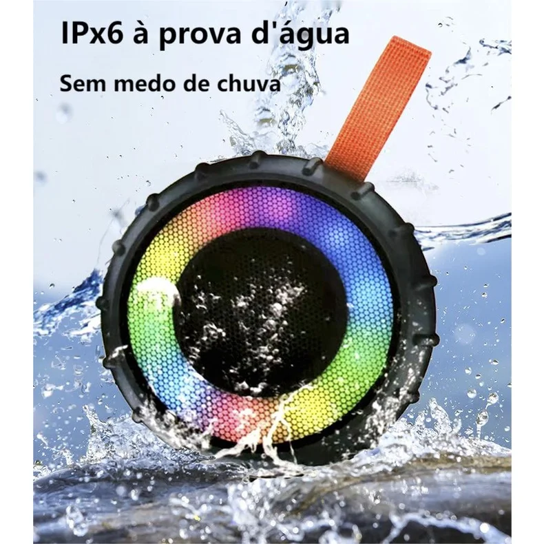 Caixa de som Bluetooth a Prova D'agua formato peneu Led RGB Sd portátil，Distância de Operação até 10M