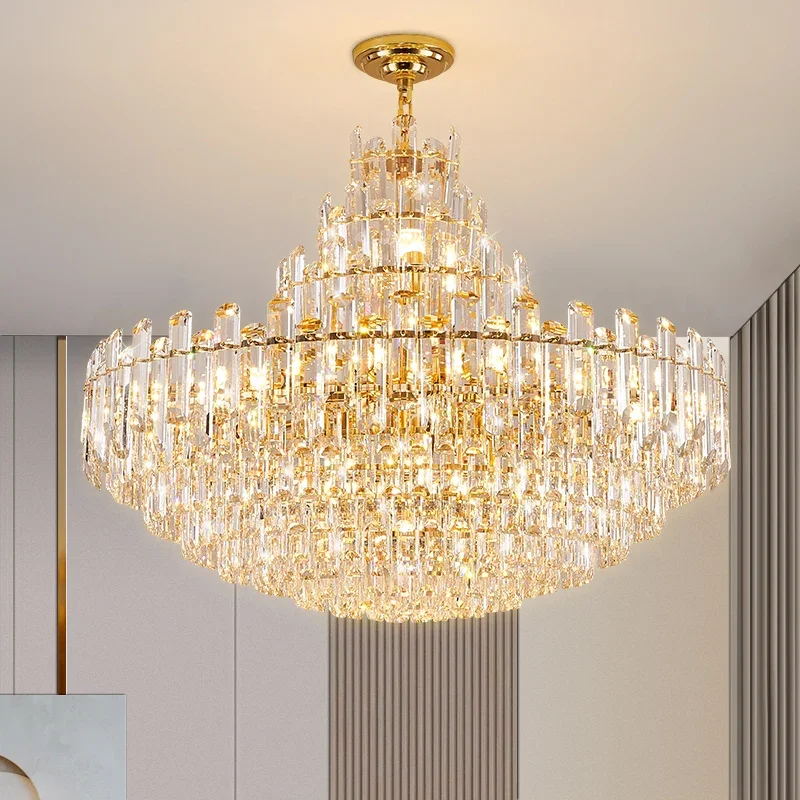 European Luxury Multi-Layer Crystal Chandelier, Gold Wrought Iron K9 Crystal Pendant Light, Large Living Room Lighting Fixtures