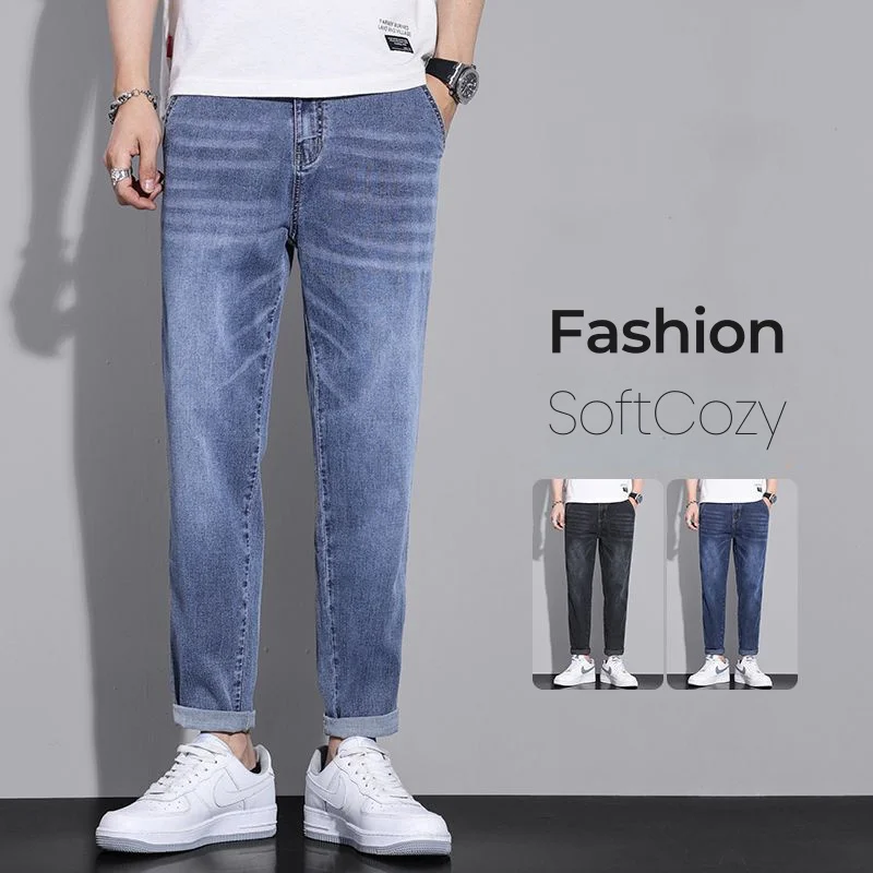

Slim Classic Men's Jeans Straight Washed Elastic Fashion Youth Denim Trousers Breathable Soft Casual Business Ankle Length Pants