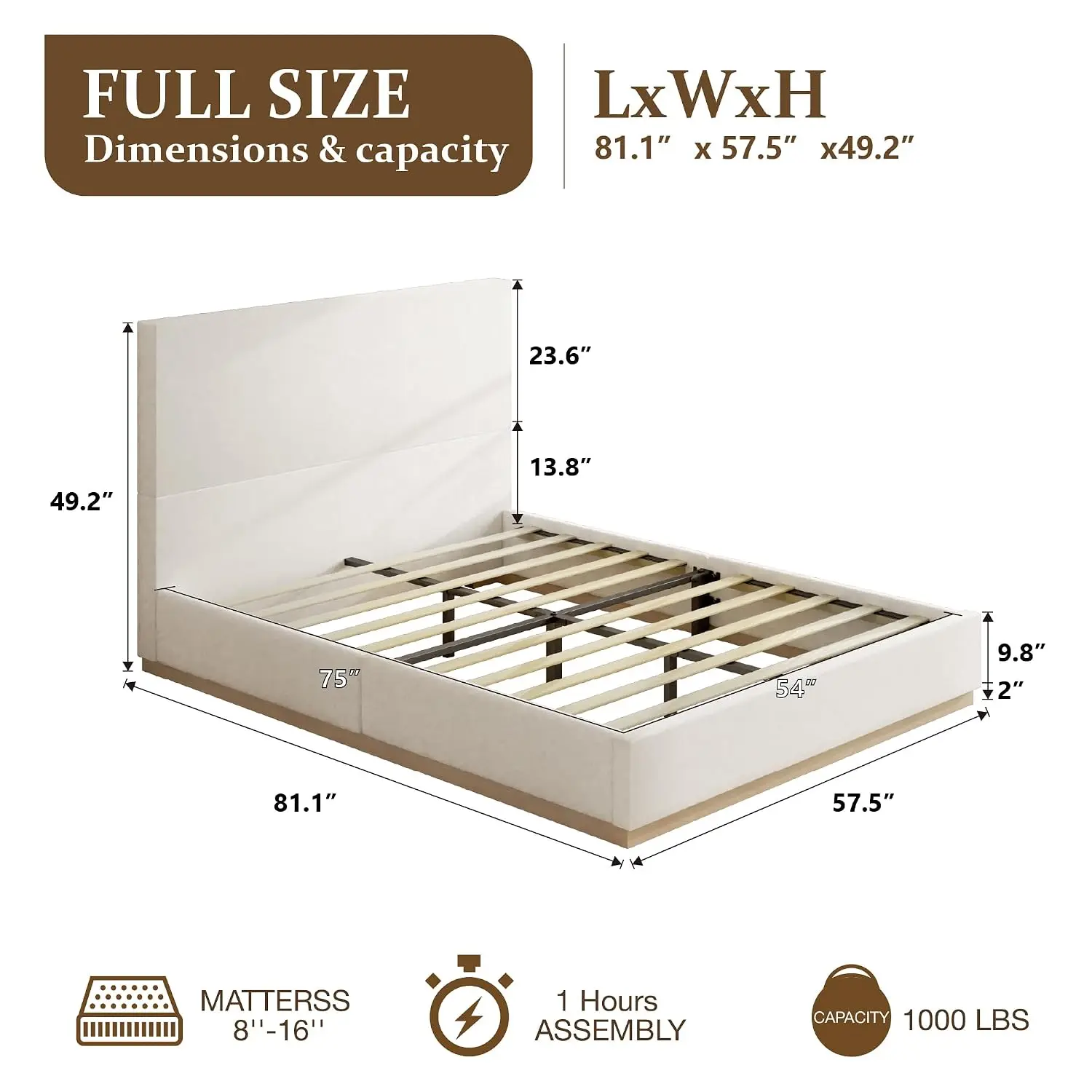 Full Bed Frame with Headboard, Velvet Upholstered Floor Platform Bed with Enclosed Wood Base, Metal Structure &, Customized