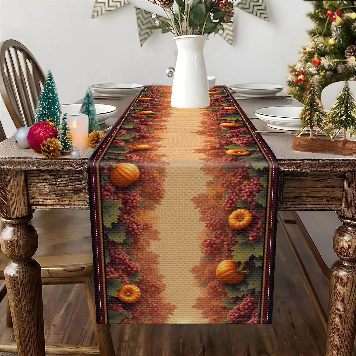 1Pc Autumn Harvest Themed Table Runner with Grape, Pumpkin, and Sunshine Patterns, Suitable for Harvest Parties, Pastoral Restaurants, and Home Decoration Scenes.
