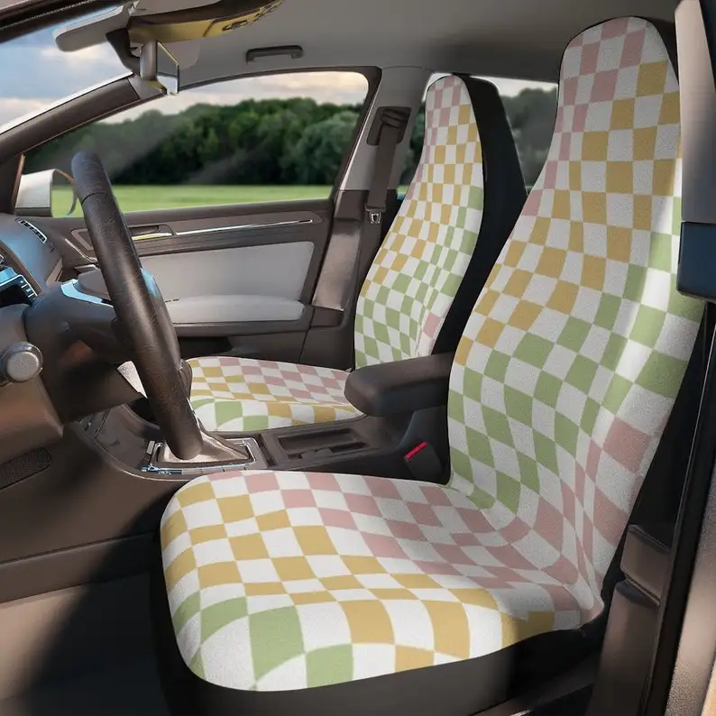 Rainbow Pastel Checkered Boho Car Seat Covers Set, Aesthetic y2k Car Seat Cover, Gift for new driver, Good Vibes Groovy cute car