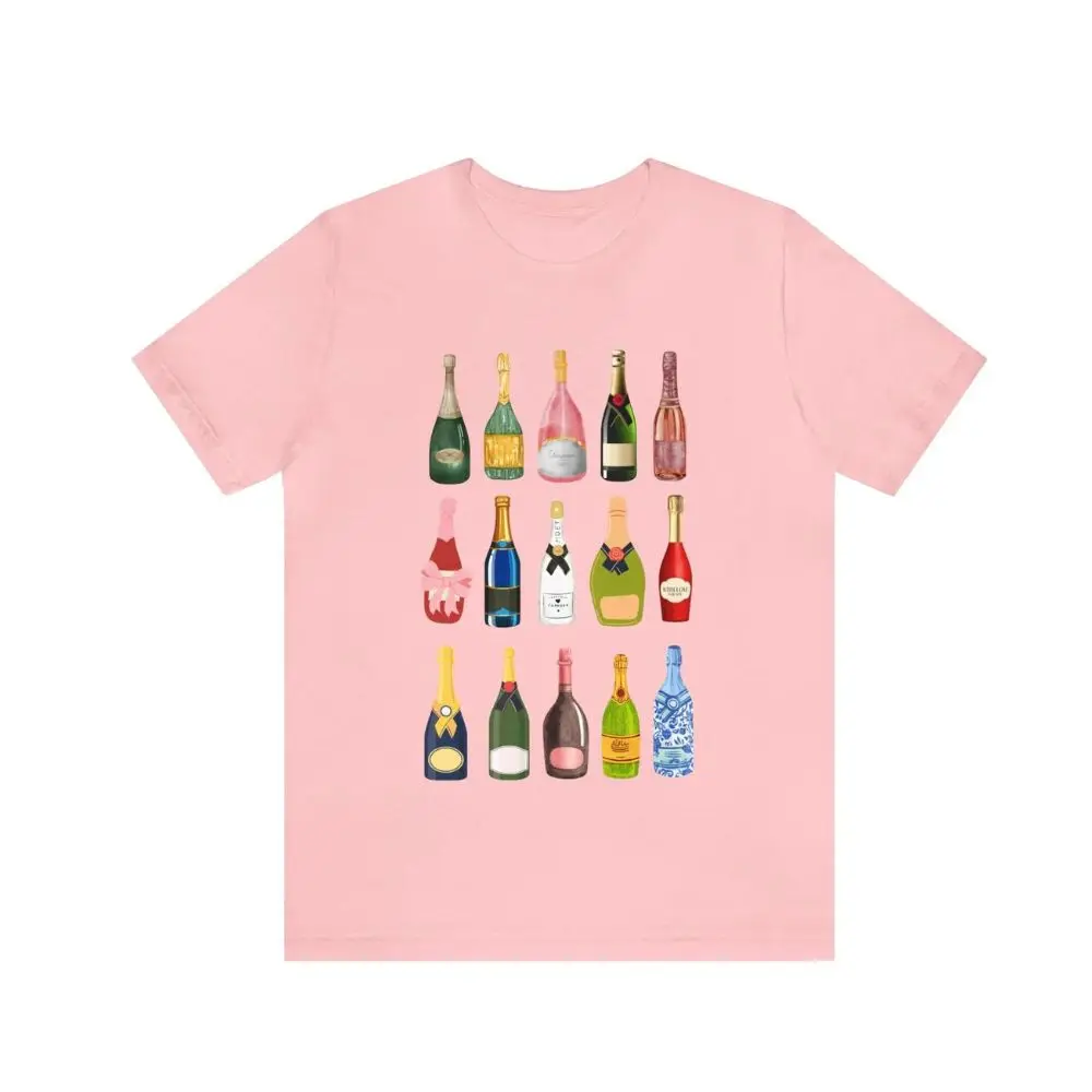 Y2k Champagne Water Bottle T-shirt Casual Crew-Neck Harajuku Street T Shirt New 2024 Women Tee Pink Girly Summer Clothes Tops  ﻿