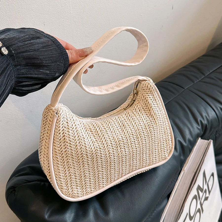 

Summer Small Straw Handbag Trendy Shoulder Bags Woven Bucket Crossbody Bag Casual Vacation Beach Bag Gilrs Bali Top-Handle Tote