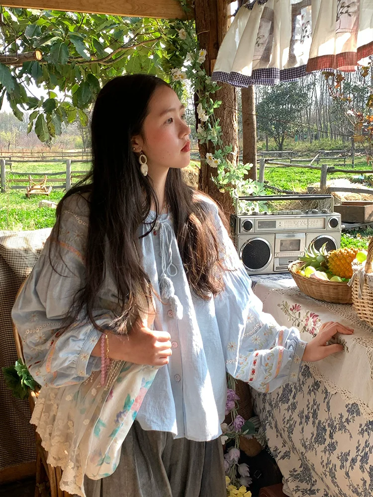 Spring Autumn Women Loose Exquisite Floral Embroidered Cotton Linen Shirts/blouses