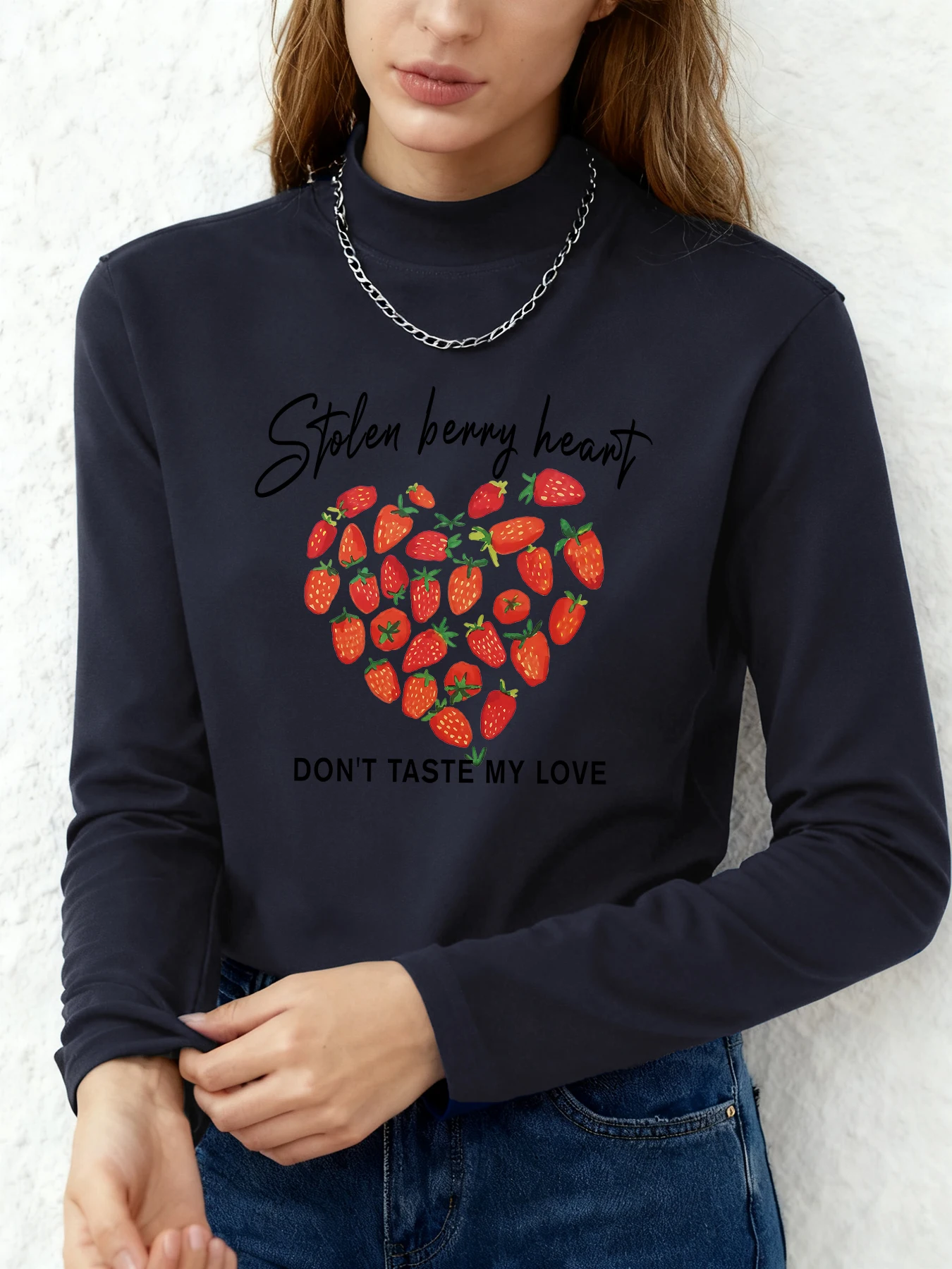 

Mock Neck Long Sleeve Top Women Stolen berry heart DON'T TASTE MY LOVE T-Shirt Strawberry Heart Clothing K-Fashion Casual Blouse