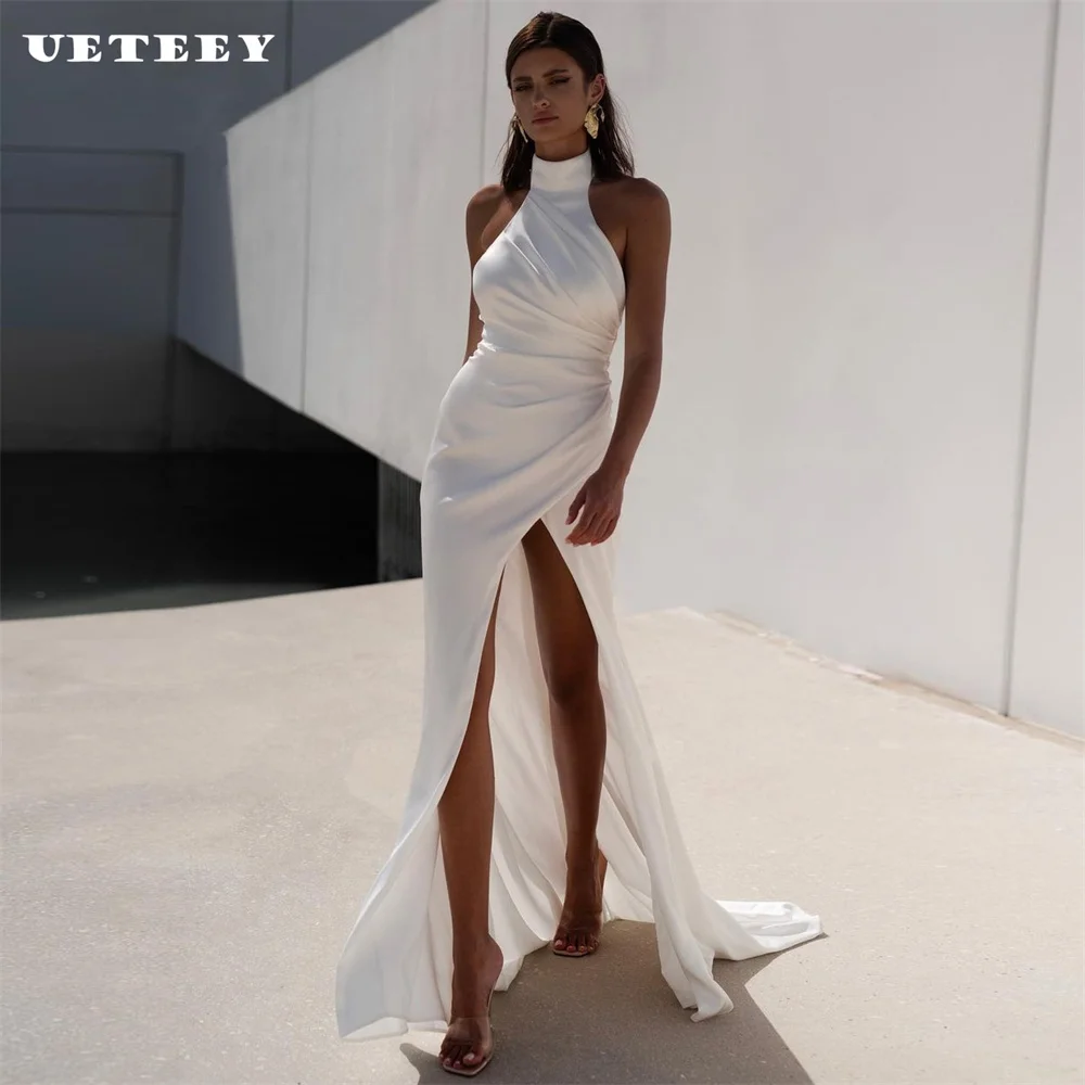 

UETEEY Simple Halter Pleats High Side Slit Crepe Mermaid Wedding Dress Sexy Backless Court Train Bridal Gown Custom Made