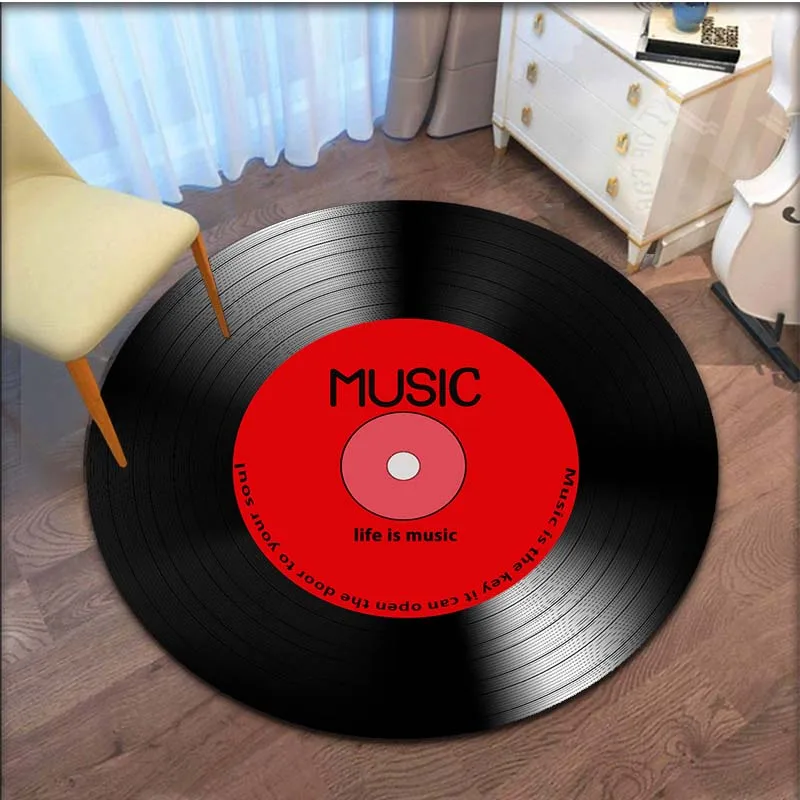 Record Music CD Pattern Round Carpet Retro Floor Mat Living Room Bedroom Decorative Anti-Slip Leisure Floor Mat Mode Area Rug