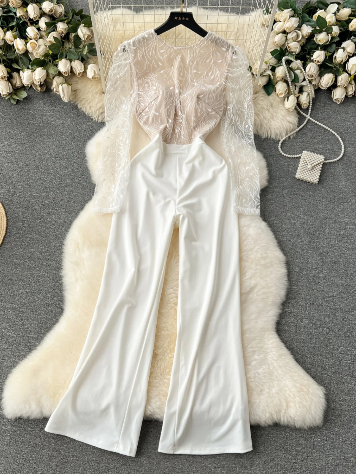 

Ele Embroidered High Waist Wide Leg Jumpsuit Women's High-End Unique Splicing Trendy Commute Sle Long Pants Jumpsuit