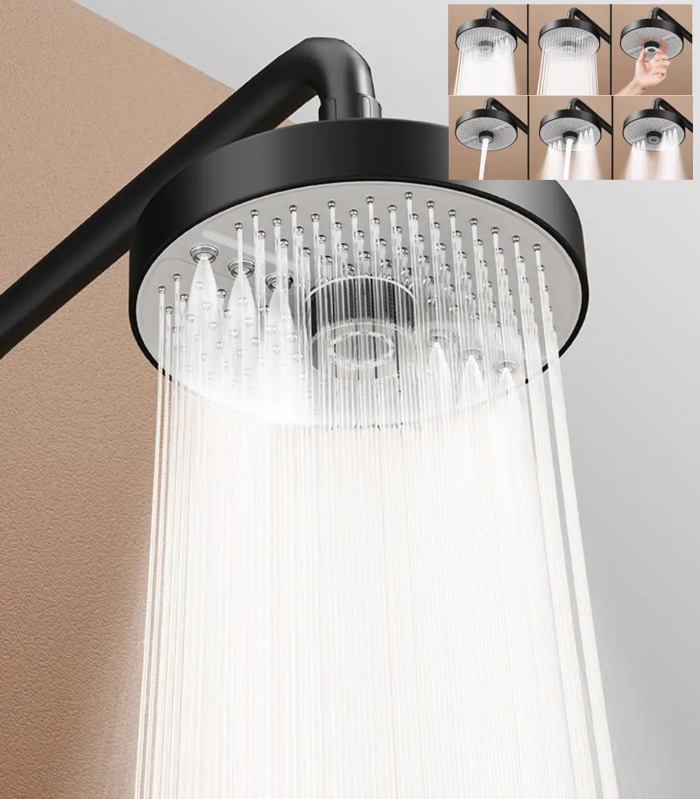 

New 17.5cm High Pressure Overhead Rain Shower Head with 5 Modes Large Flow Booster 360° Rotation Water Saving for Bathroom