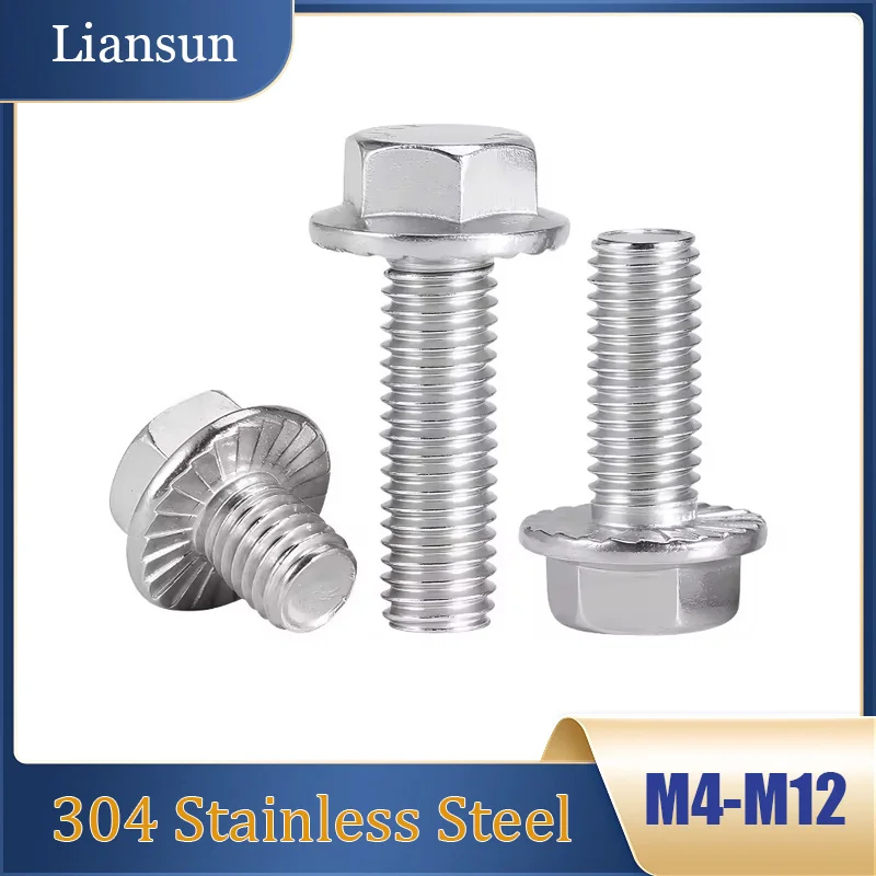 

1~20pcs Hexagon Head With Serrated Flange Cap Screw Hex Washer Head Bolt M4 M5 M6 M8 M10 M12 304 Stainless Steel Length 6~100mm