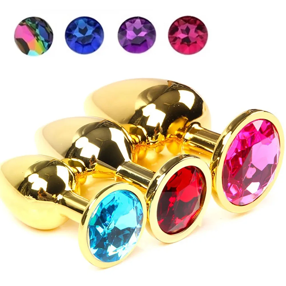 Gold Metal Butt Plugs para Casais, Plug Butt Redondo, Jóias Coloridas de Diamante, Brinquedo Adulto do Sexo, Conjunto 3Pcs