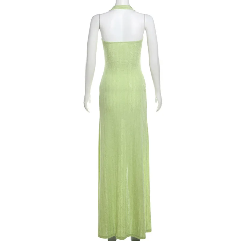 Vestido de festa feminino meio oco alto dividido, Vestido de baile de cintura média plissado, Verde sem encosto, Vestido de noite longo, Novo Design, Em Stock