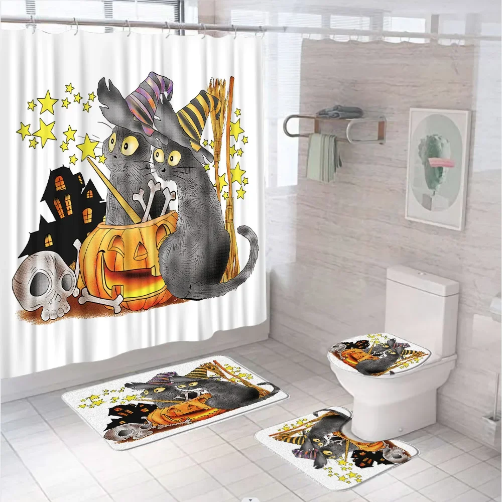 Happy Halloween Shower Curtains Set For Bathroom Decor Black Cat Spooky Horror Pumpkin Skull Witch Hat Bath Mat Rug Toilet Cover