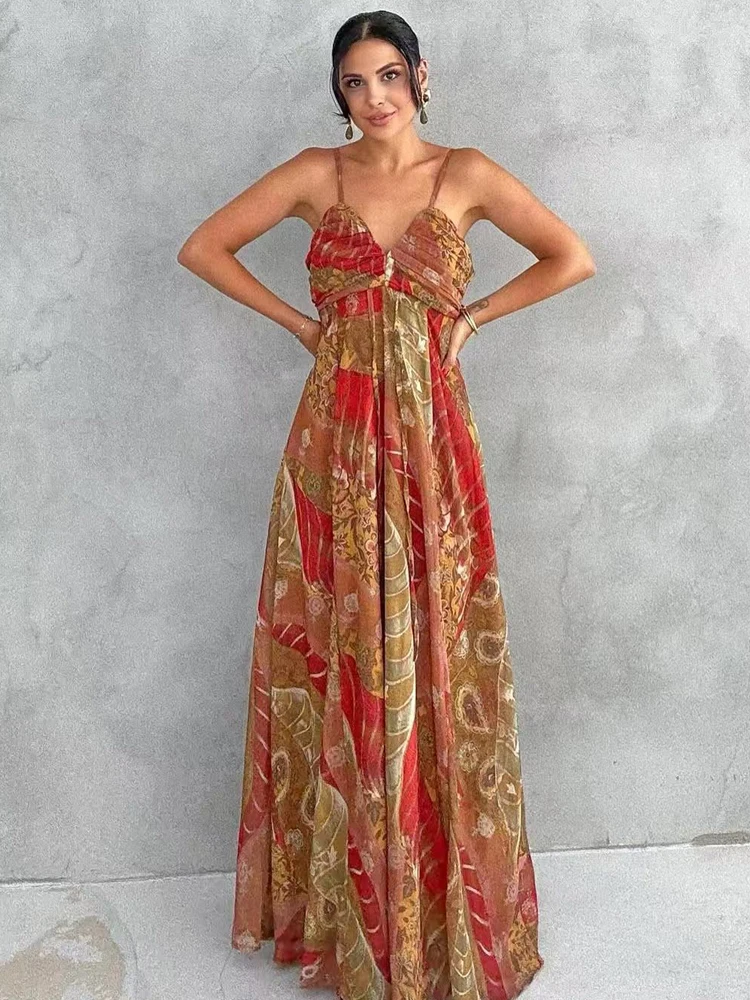 HXAO Print Slip Dress Womens Dresses Summer 2025 Boho Floral Sleeveless Backless Dress Sexy Ruffled Lace-Up V-Neck Maxi Vestidos