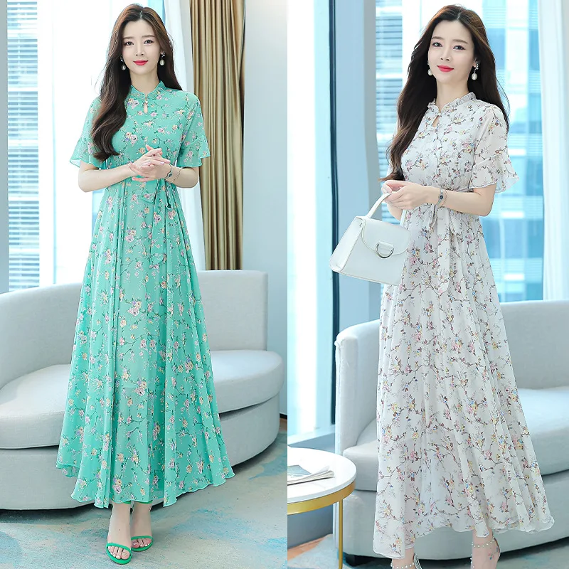 New 2024 Summer New Korean Large Dress Elegant Women\'s Color Printed Short Sleeve Large Skirt Holiday Banquet Chiffon Robe