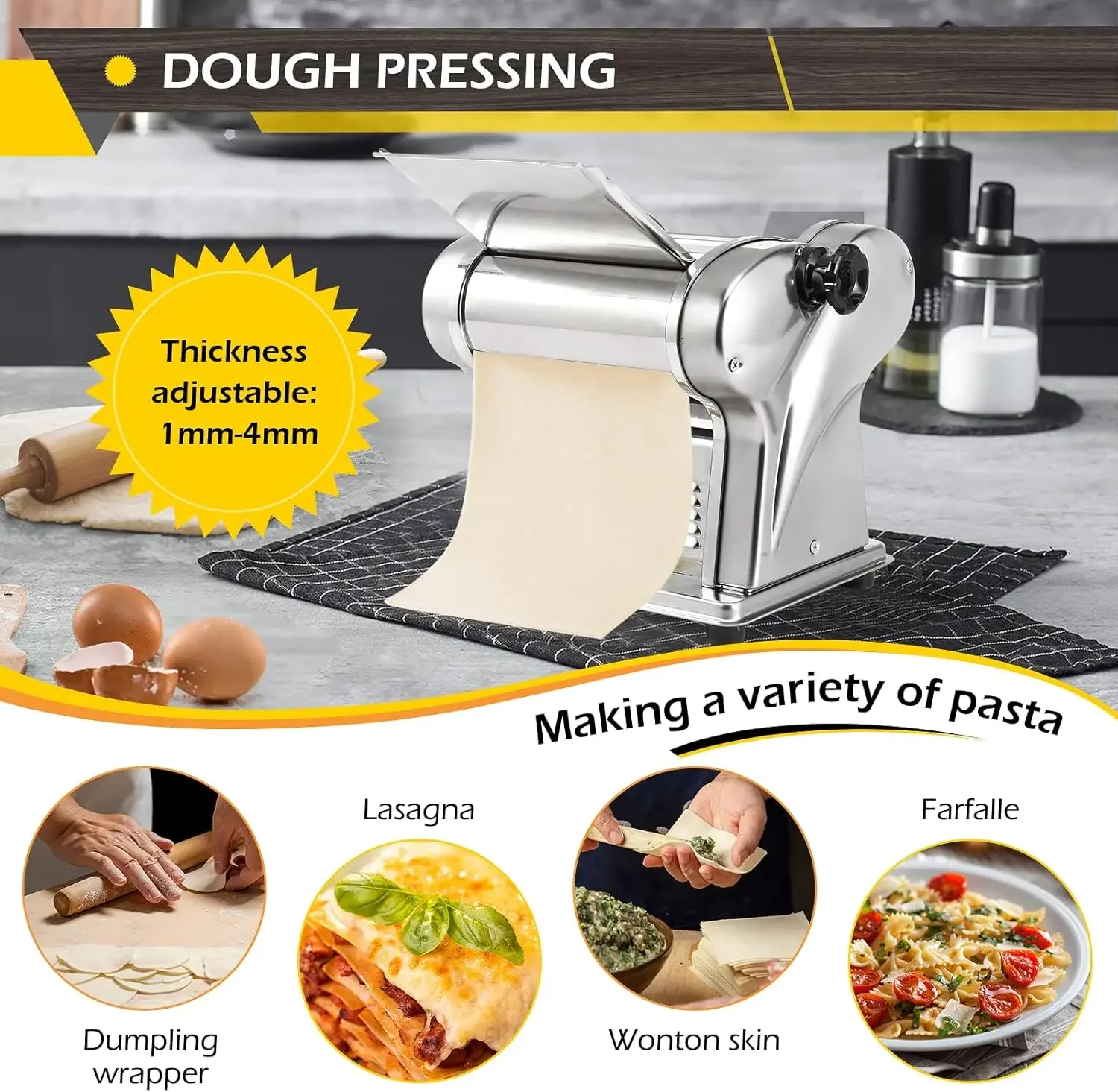 Electric Pasta Maker Noodle Maker Machine Dough Spaghetti Roller Pressing Machine Thickness Adjustable Stainless Steel 135W for