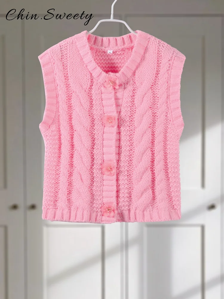 

Fashion 3D Flower Knitted Vest Women Solid O-neck Sleeveless Single Breasted Slim Tops Female 2025 Summer Lady High Street Vests