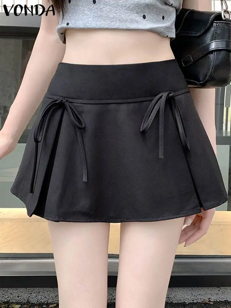 

Women Summer Solid Short Overskirts VONDA Korean Casual Loose Mini Skirts Street Fashion Bowknot Holiday Oversize Kilts