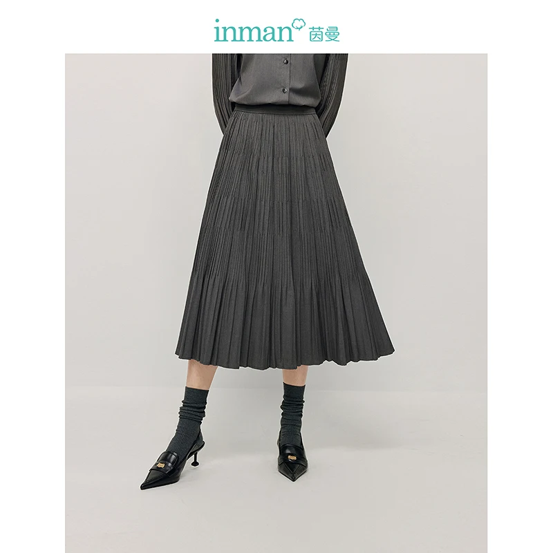 INMAN 2024 Autumn winter Pleated women's skirt elastic waist all matching temperament A-line skirt