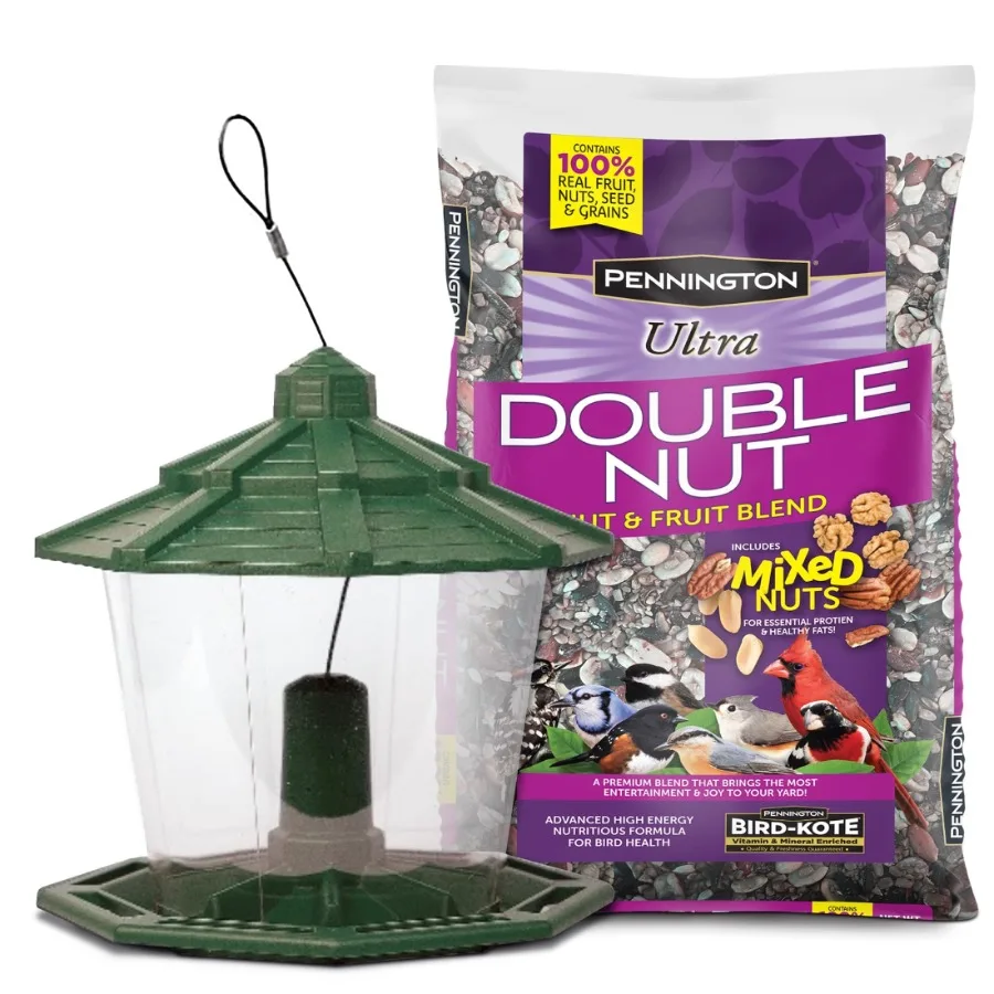 7lb Capacity Wild Bird Feeder and Feed Starter Kit in Earth Smart Green Ecozebo Material with Sustainable Design for Outdoor Us