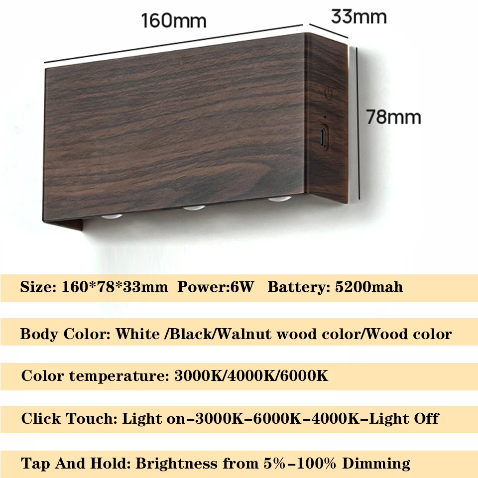 Bezprzewodowa przenośna lampa ścienna LED Ściemnianie dotykowe Kinkiety Ładowanie typu C Lampka nocna Nocny wystrój narożnika schodowego, 3 kolory