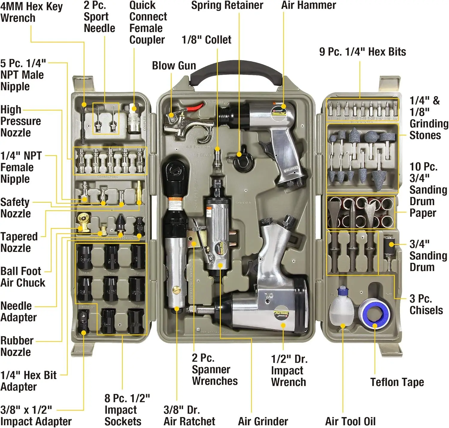 Air Tool and Accessories Kit, 71 Piece, Impact Wrench, Air Ratchet, Die Grinder, Aire Hammer, Hose Fittings, Storage Case - 8366