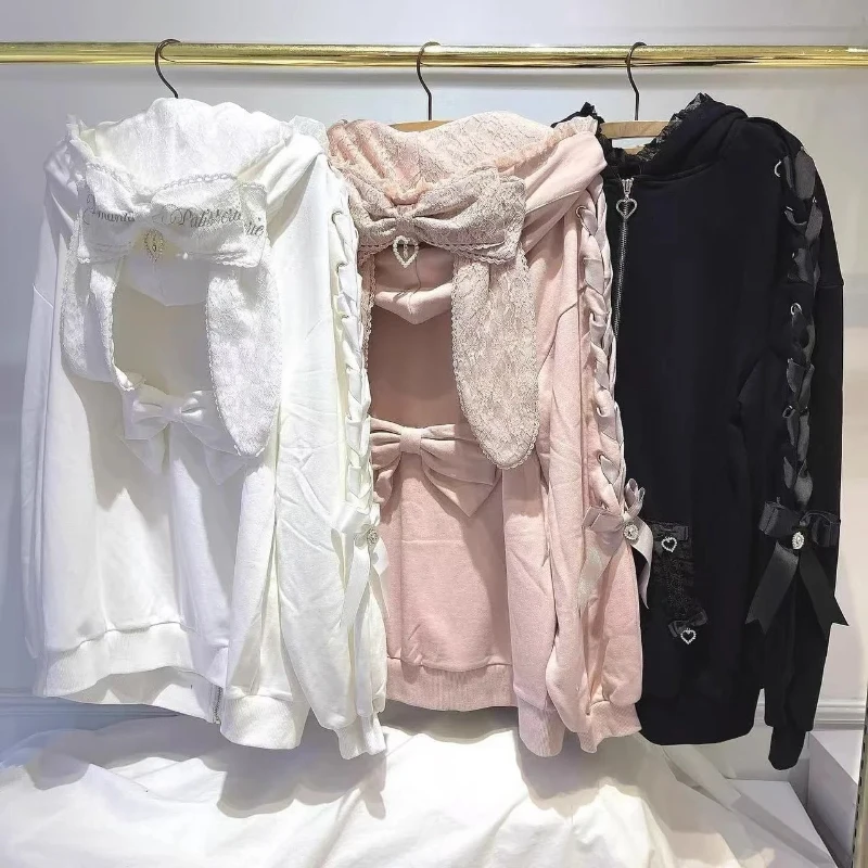 Winter Süße Niedliche Kaninchen Ohren Lolita Mäntel Frauen Casual Mode Verband Spitze Übergroßen Sweatshirt Y2k Harajuku Mit Kapuze Jacken