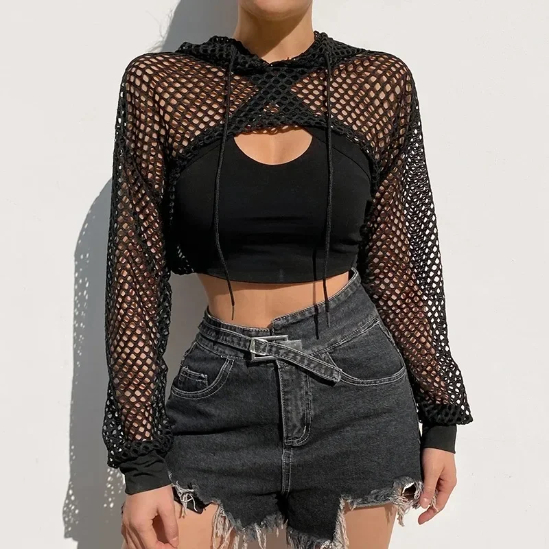 Summer Mesh Sexy T Shirt Women Hollow Out Smocked Crop Tops Long Sleeve Hoodies Tees Shirt Fishnet T-shirt Ladies