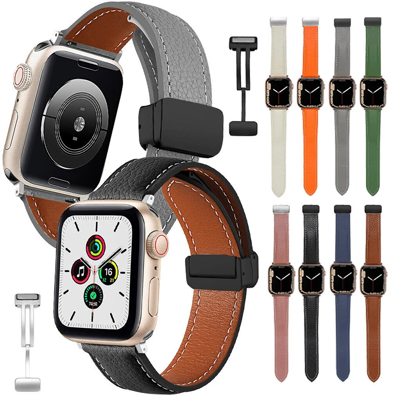 Magnetic Folding Buckle Band For Apple Watch 44mm 40mm 45/41/49mm 38/42mm Leather Strap iwatch Series Ultra 8 7 se 6 54 Bracelet