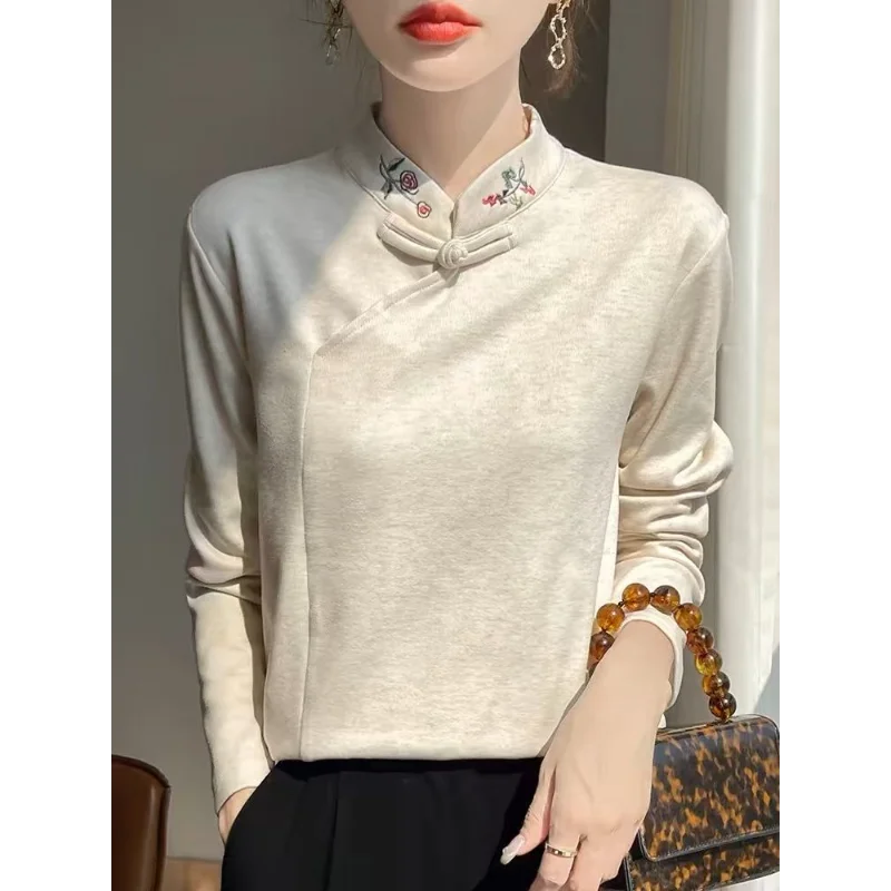 New Autumn Winter Double-sided Grinding Stand Base Shirt Women New Chinese Style Embroidered Cheongsam Collar Top Keep Warm