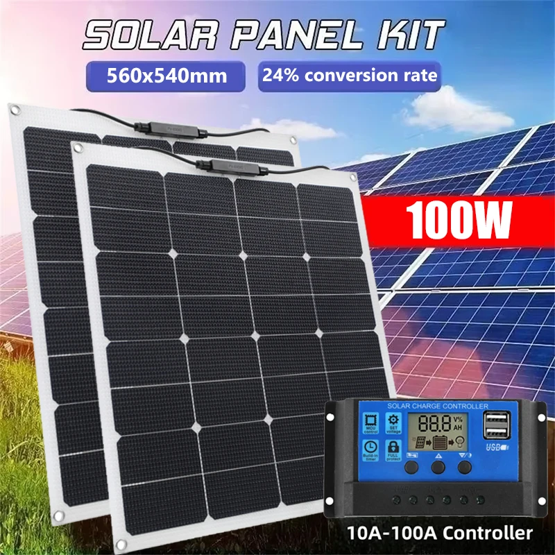 

100W Solar Panel 18V Portable Solar Kit Outdoor Camping Emergency Charging Power Supply Mobile Phone RV Charging Solar Charger