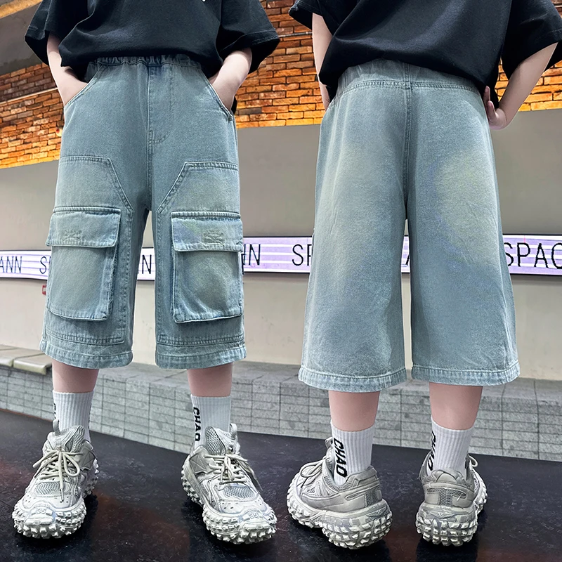 

Kids Fashion Summer Blue Denim Shorts for Teenage Boys Loose Straight Mid Calf Jeans Shorts for Child 5 6 7 8 9 10 11 12 13 14 Y
