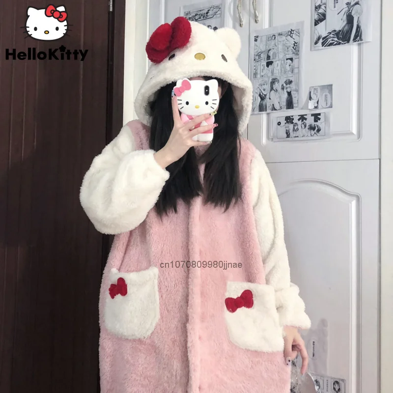 Sanrio Hello Kitty Plush Pajamas Y2k Girl Winter Cute Clothes Nightgown Thicked Soft Robe Women Coral Skirt Warm Home Coat