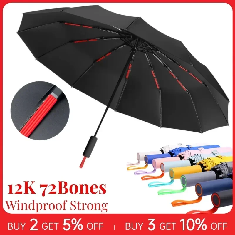 Reinforced 72 Bone Windproof Strong Fully Automatic Folding Umbrella for Men and Women, Sun UV Protection Rain Umbrellas Travel